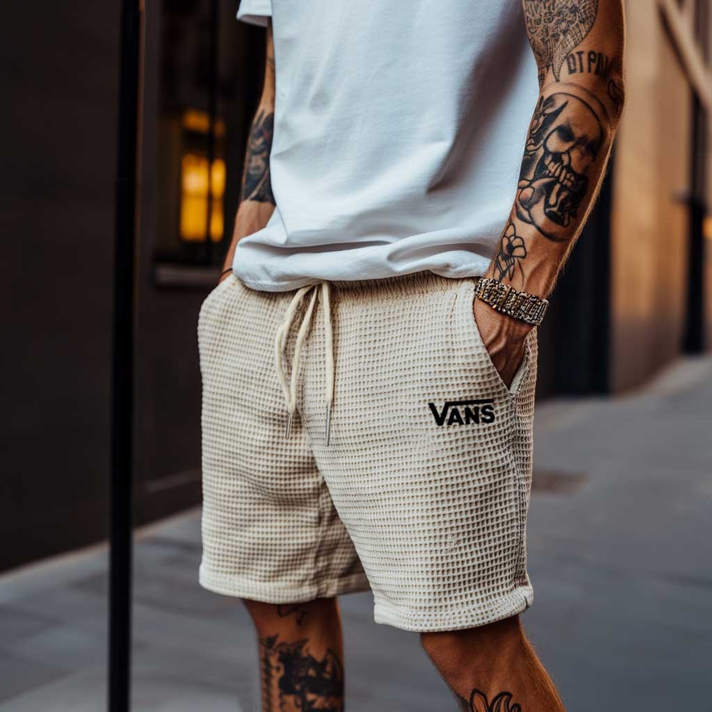 Vans Men's Vintage Waffle Knit Beige Elastic Drawstring Board Surf Shorts-Unitsen