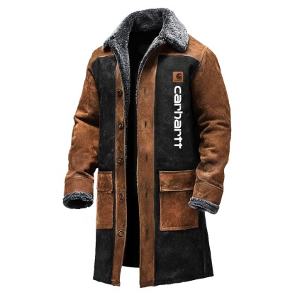 Men's Vintage Suede Brown And Black Contrast Fleece Lapel Collar Long Shearling Jacket-Unitsen