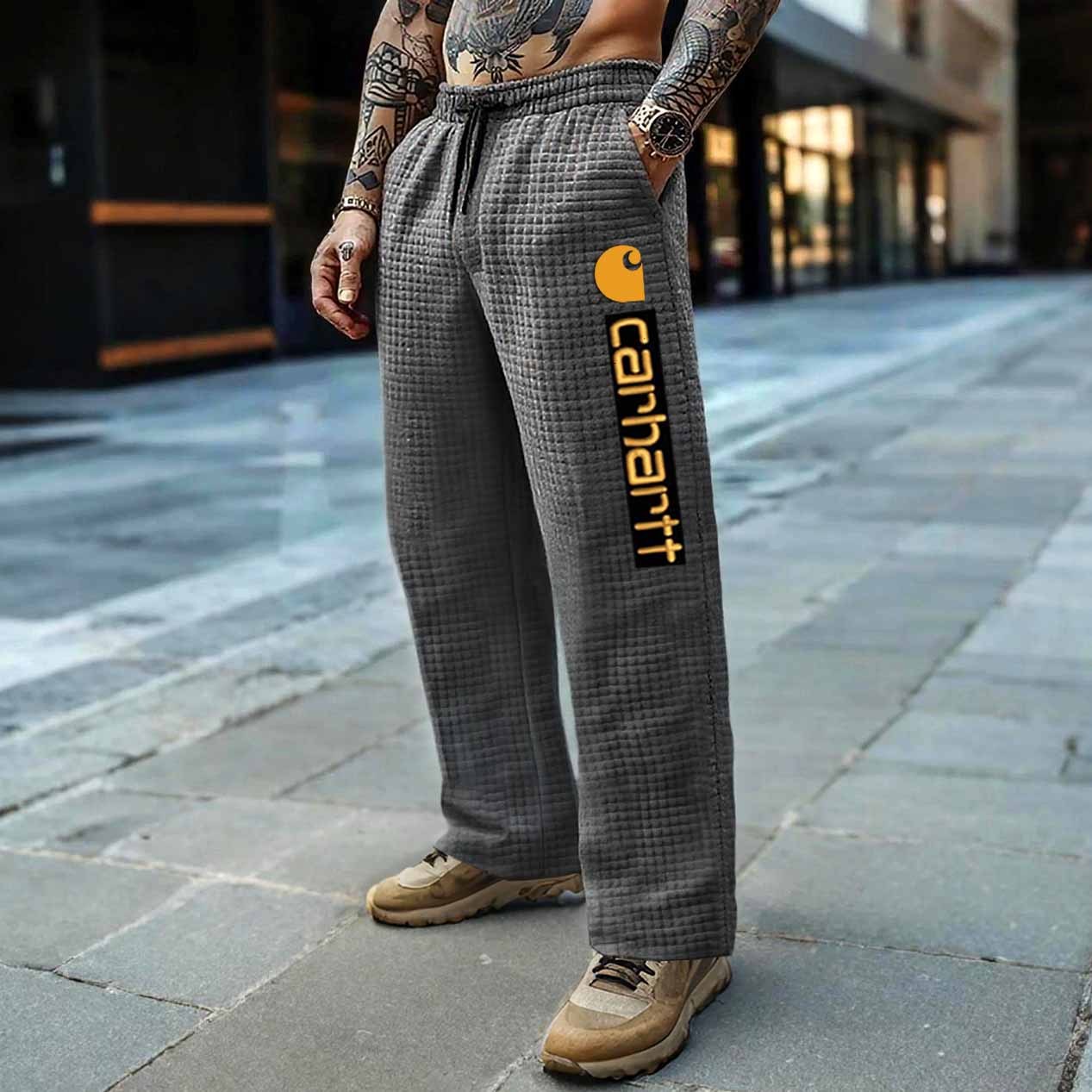 Men's Vintage Dark Gray Plaid Quilted Waffle Pants-Unitsen