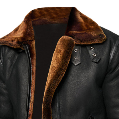 Men's Vintage Black Leather Fleece Brown Fur Lining Bomber Jacket-Unitsen