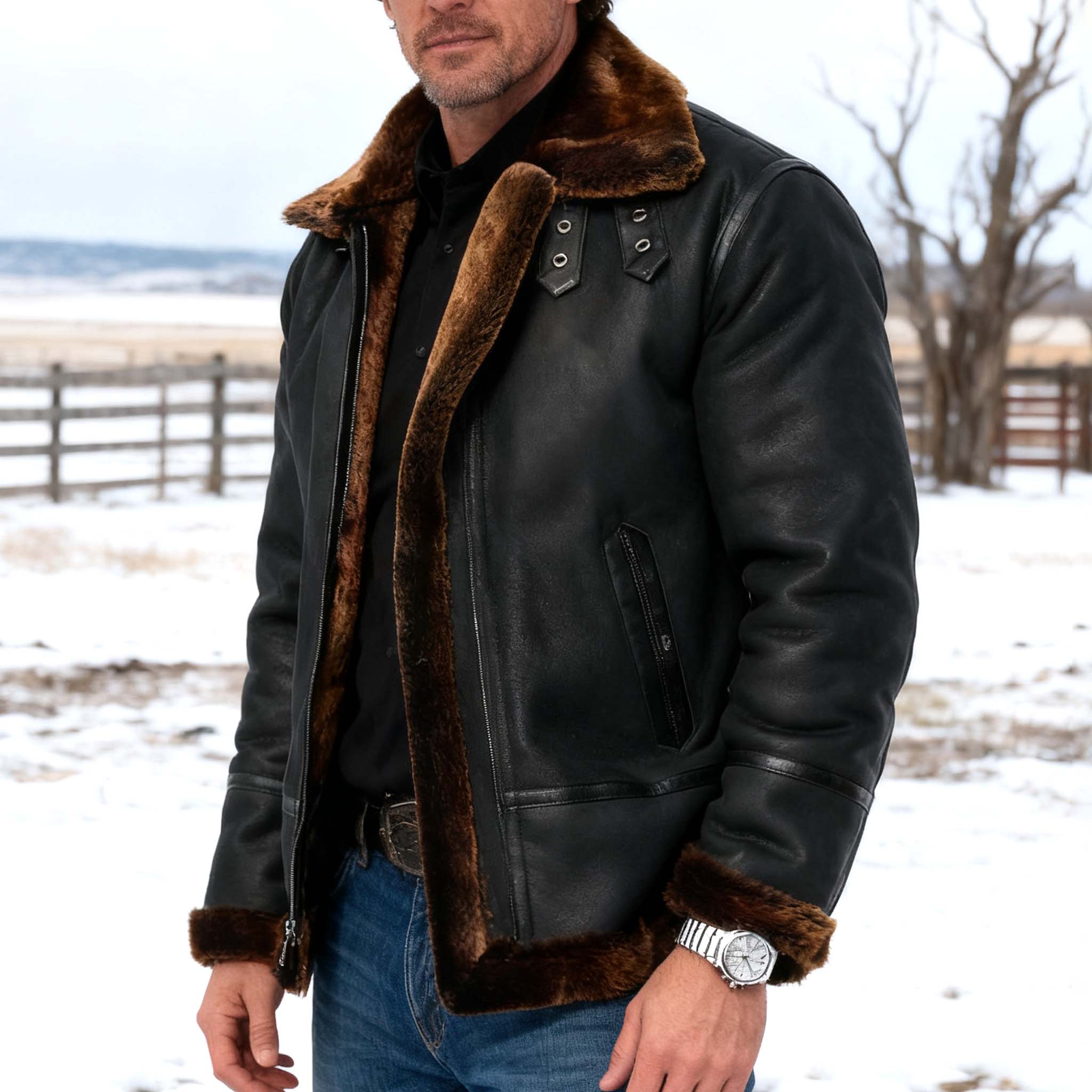 Men's Vintage Black Leather Fleece Brown Fur Lining Bomber Jacket-Unitsen