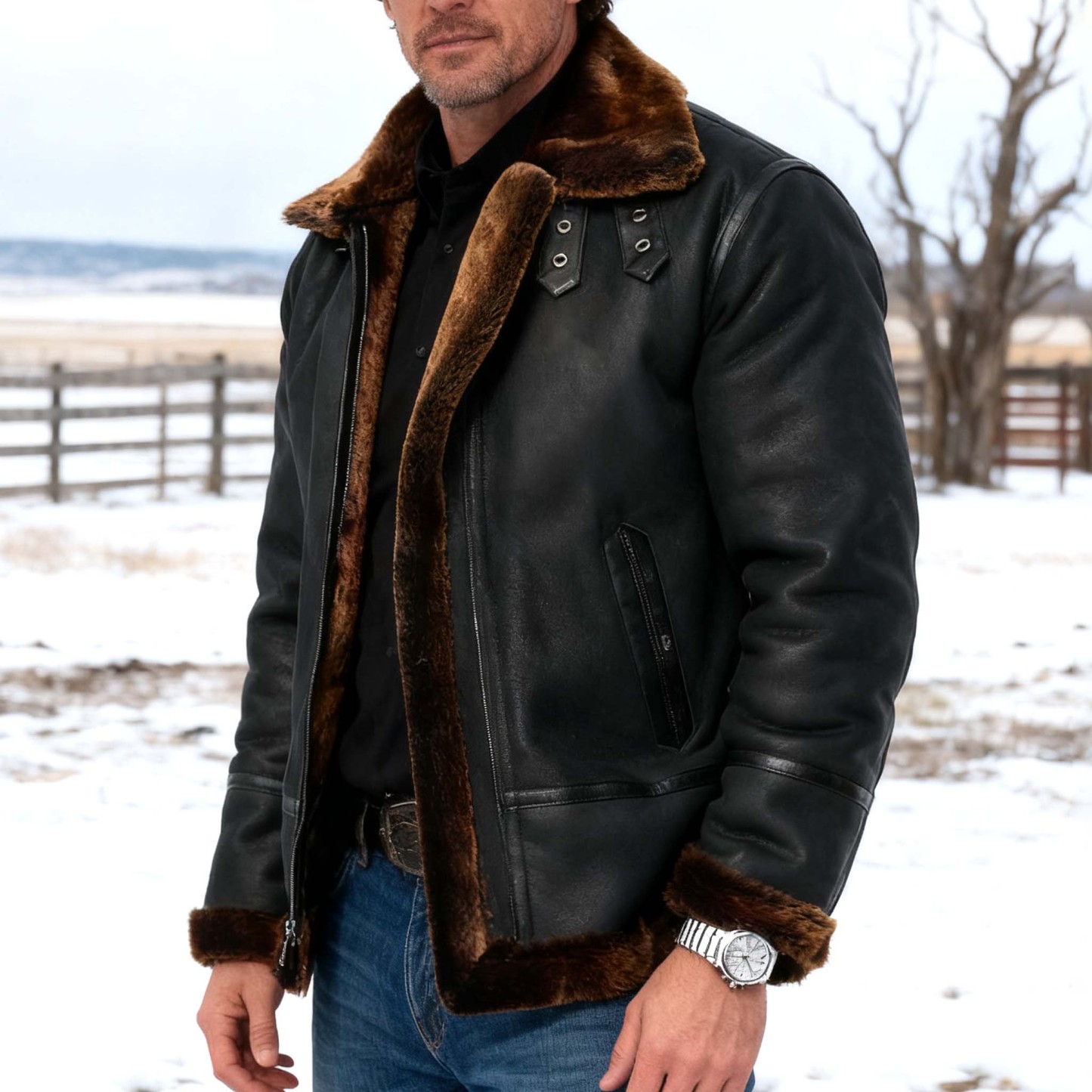 Men's Vintage Black Leather Fleece Brown Fur Lining Bomber Jacket-Unitsen