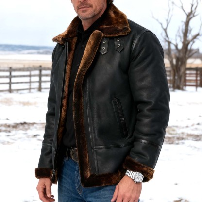 Men's Vintage Black Leather Fleece Brown Fur Lining Bomber Jacket-Unitsen