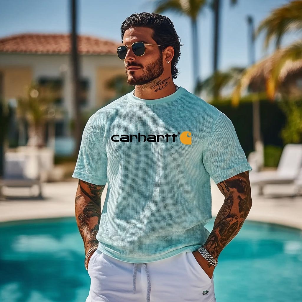 Men's Vintage Waffle Knit Short Sleeve Crew Neck T-Shirt-Unitsen