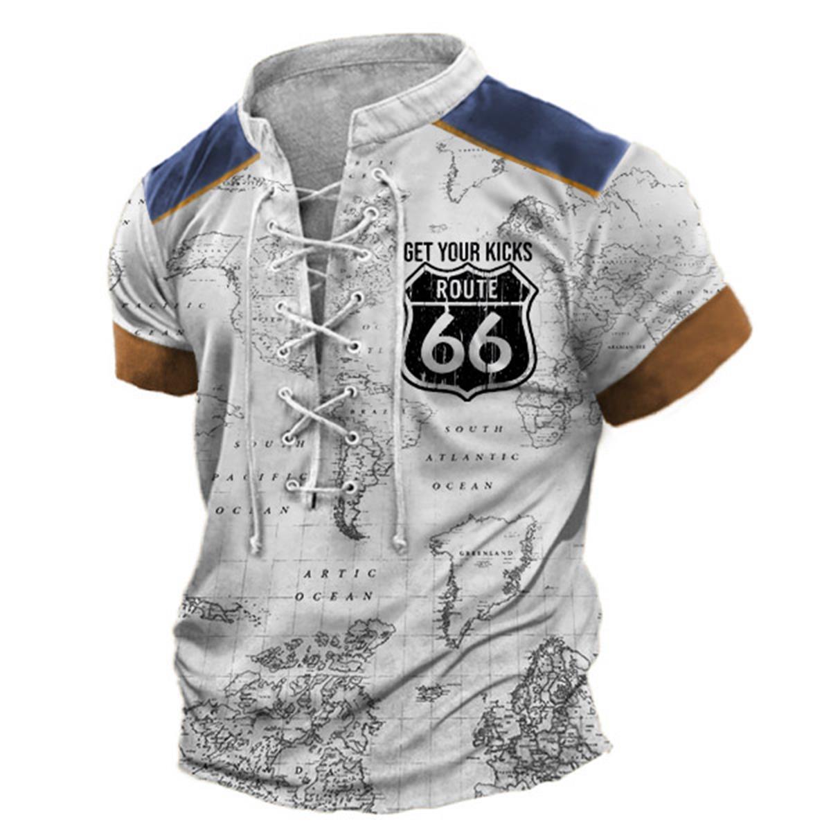 Men's Vintage World Map Route 66 Lace-Up Stand Collar T-Shirt-Unitsen