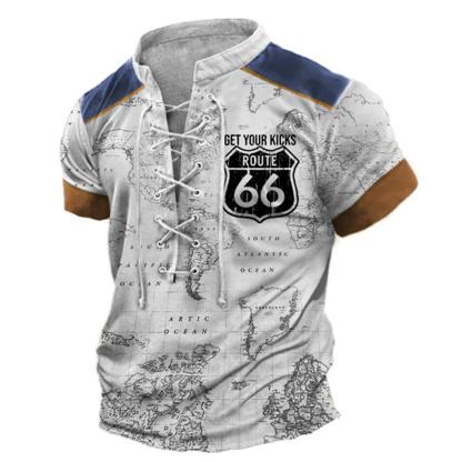 Men's Vintage World Map Route 66 Lace-Up Stand Collar T-Shirt-Unitsen