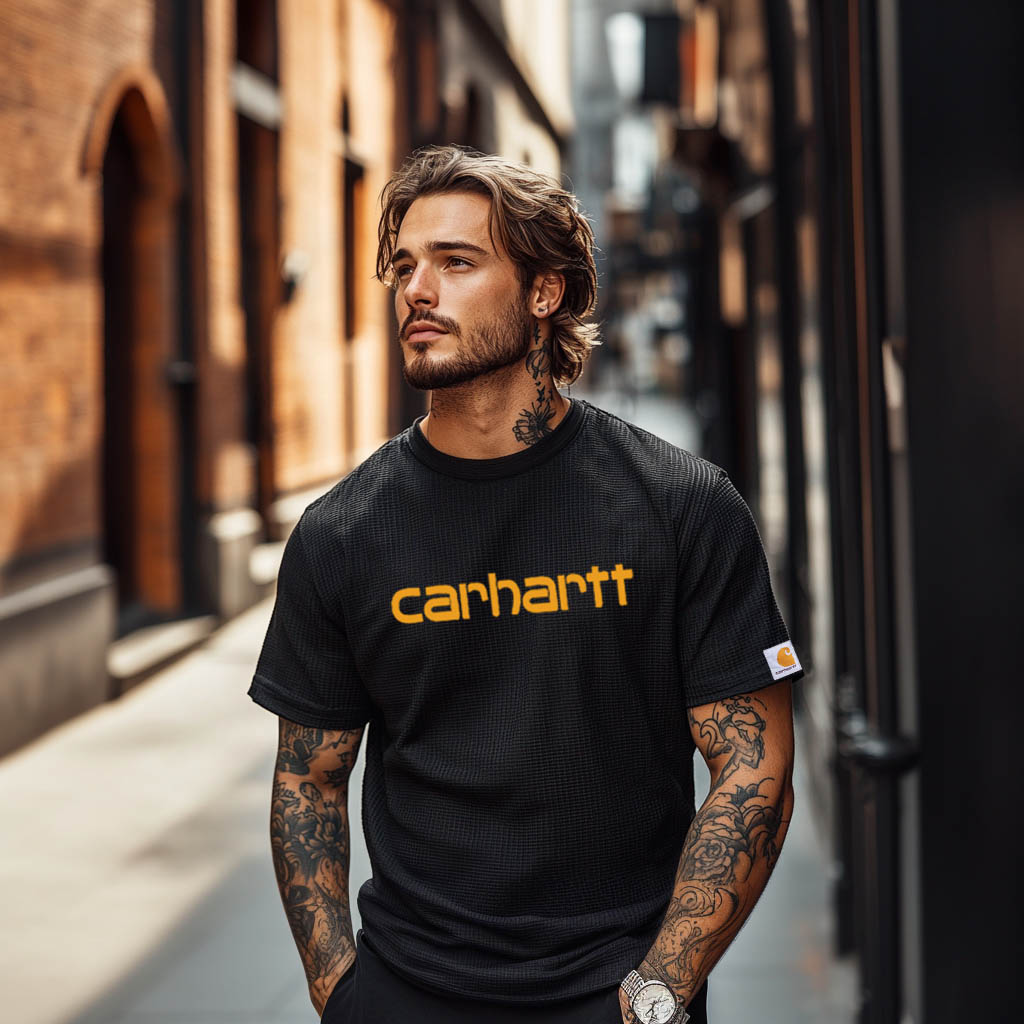 Men's Vintage Waffle Knit Surf Black Short Sleeve Crew Neck T-Shirt-Unitsen