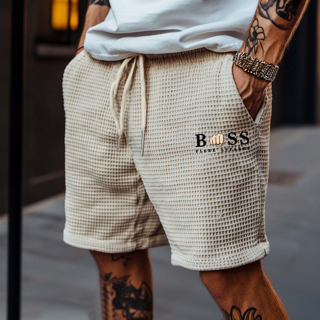 Men's Vintage Waffle Knit Beige Elastic Drawstring Board Surf Shorts-Unitsen