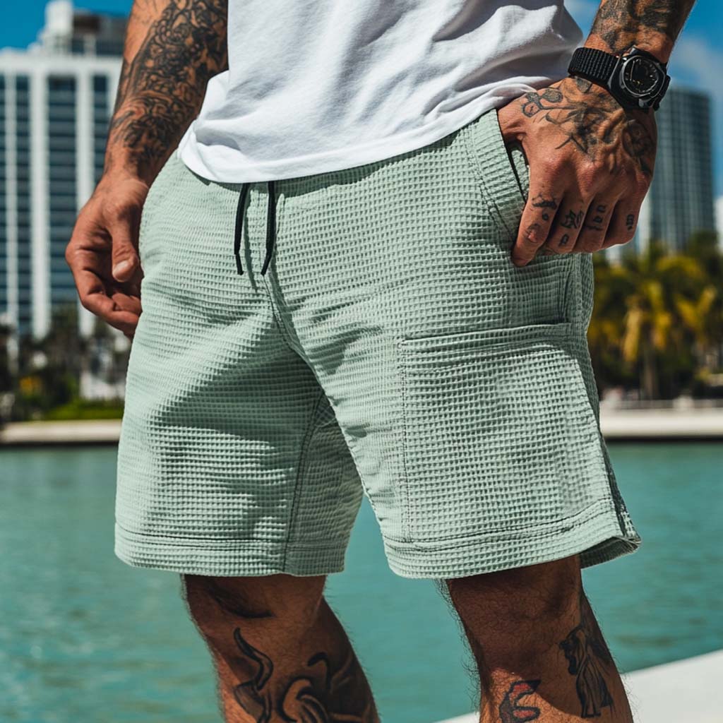 Men's Vintage Waffle Knit Surf Elastic Drawstring Shorts-Unitsen