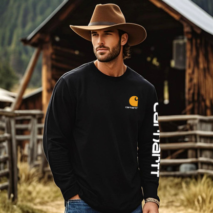 Men's Vintage White Western Denim Casual Round Neck Long Sleeve T-Shirt-Unitsen