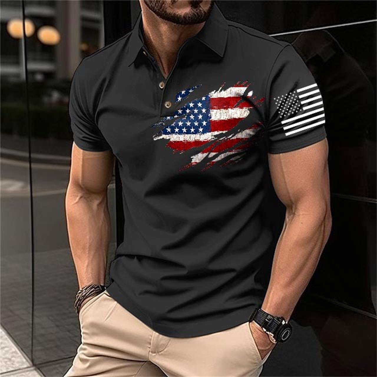 Men's T-Shirt Polo Vintage American Flag Independence Day Short Sleeve Outdoor Summer Daily Top Navy Blue Black Khaki-Unitsen