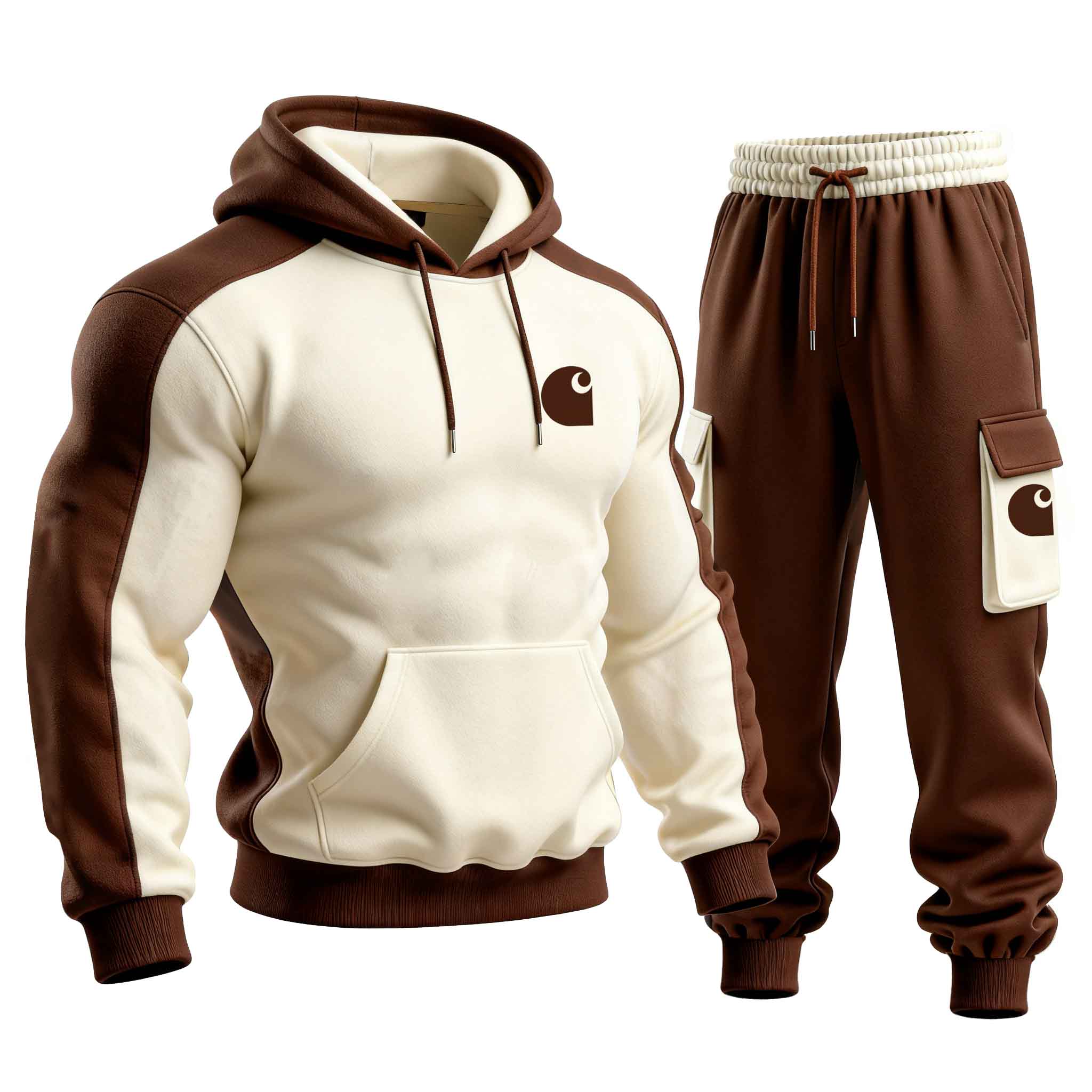 Men's Vintage Brown And Beige Color Block Pocket Hoodie And Sweatpants Jogger Carhartt Vintage Set