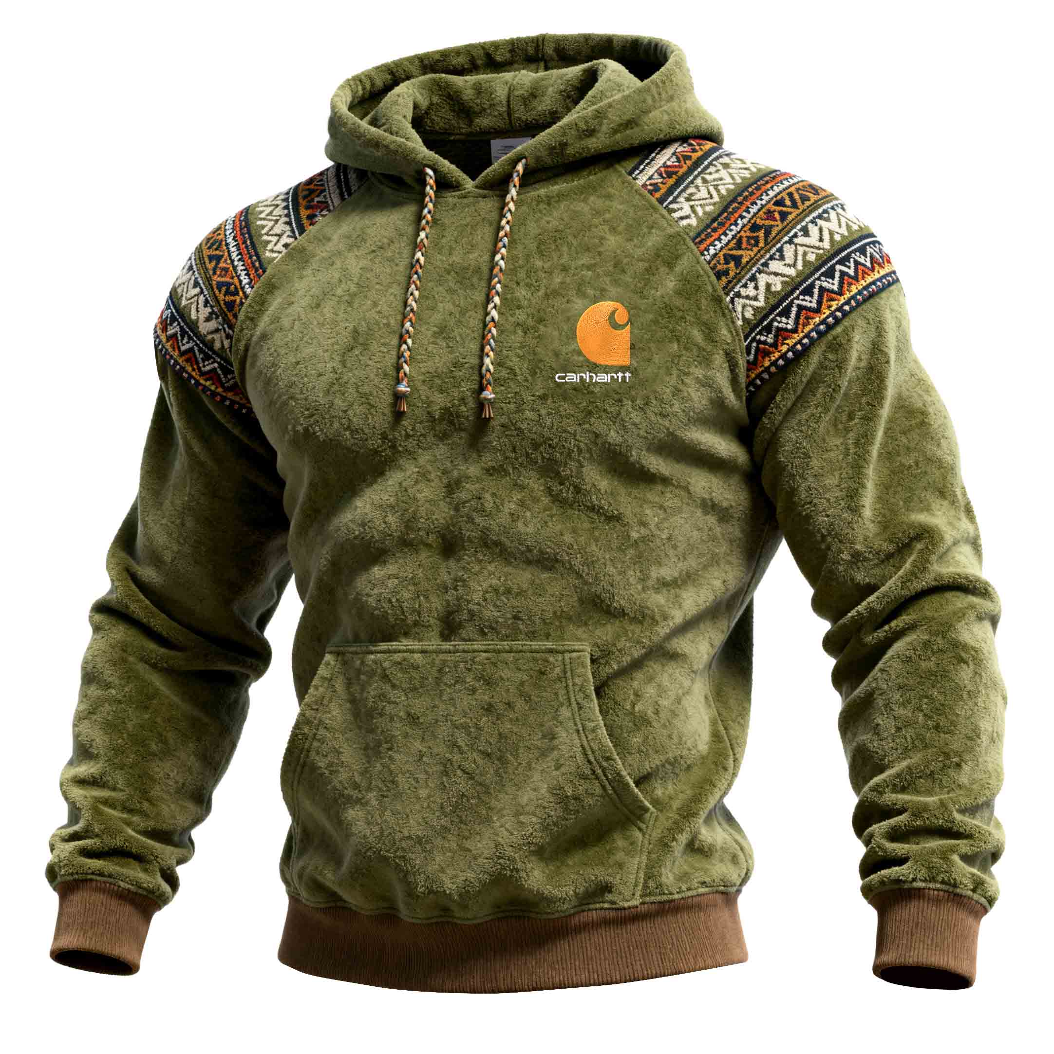 Men's Vintage Embroidered Olive Green Fleece Ethnic Aztec Hoodie-Unitsen
