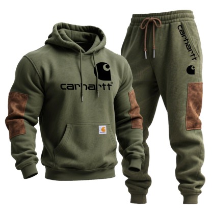 Men's Vintage Army Green Stitching Brown Suede Pocket Hoodie And Sweatpants Jogger Set-Unitsen