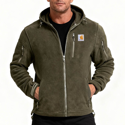 Men's Vintage Army Green Fleece Zippered Multi-Pocket Baerskin Hoodie Jacket-Unitsen