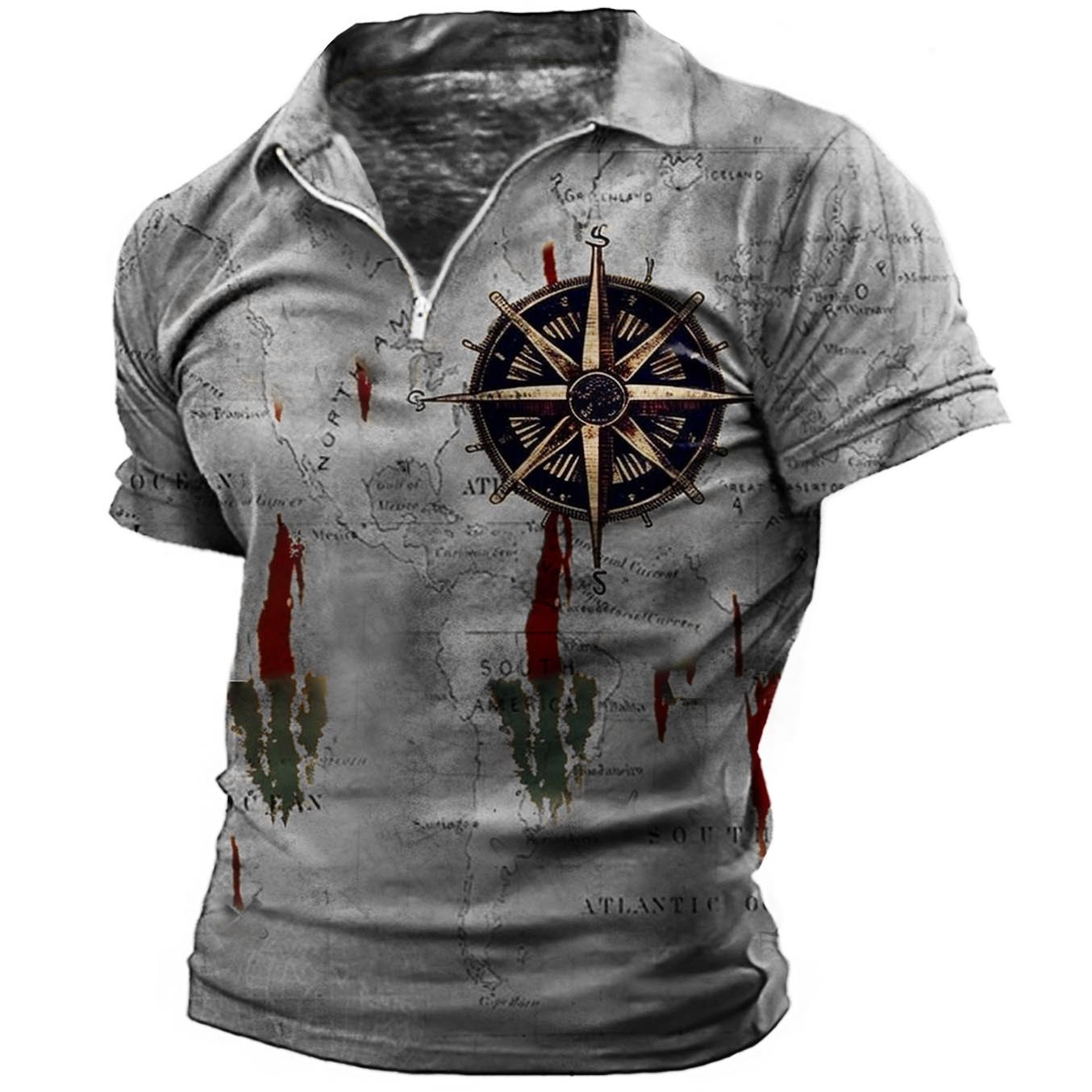 Plus Size Men's Vintage Nautical Map Compass Zip Polo T-Shirt-Unitsen