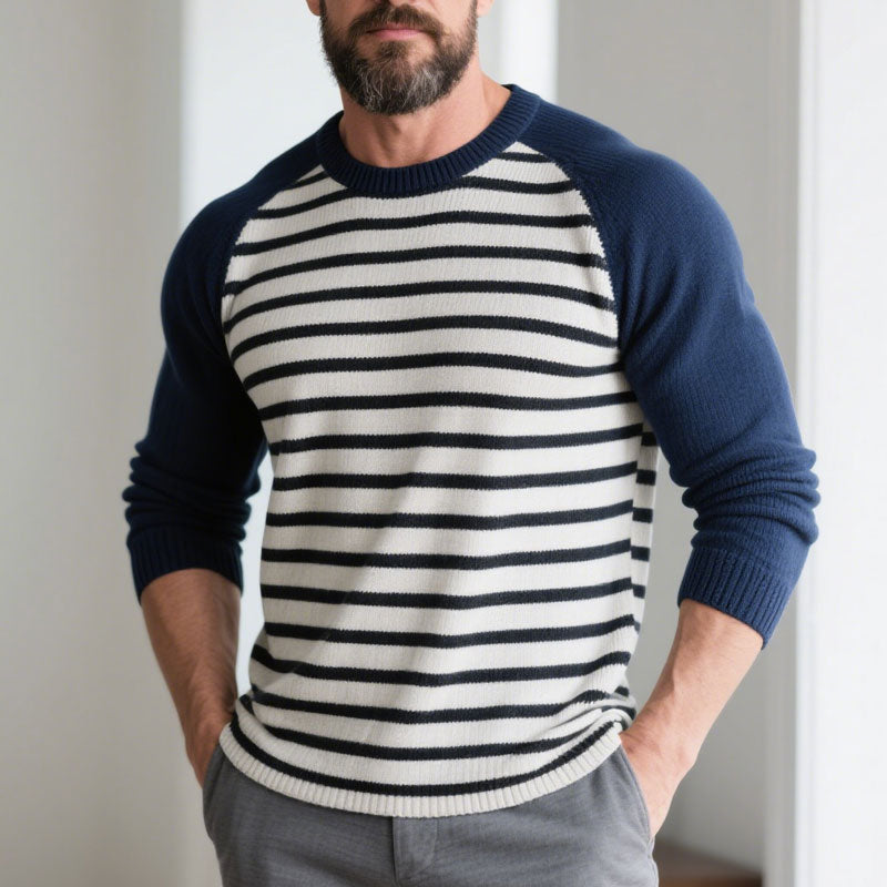 Men's Striped Crew Neck Long Sleeve Raglan Sweater-Unitsen