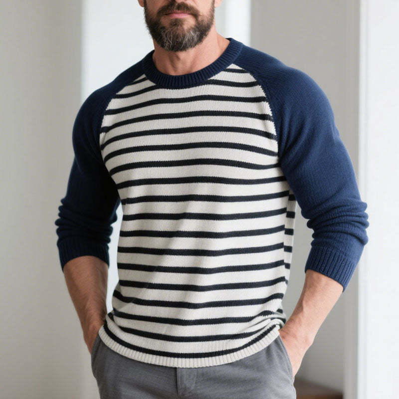Men's Striped Crew Neck Long Sleeve Raglan Sweater-Unitsen