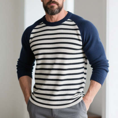 Men's Striped Crew Neck Long Sleeve Raglan Sweater-Unitsen