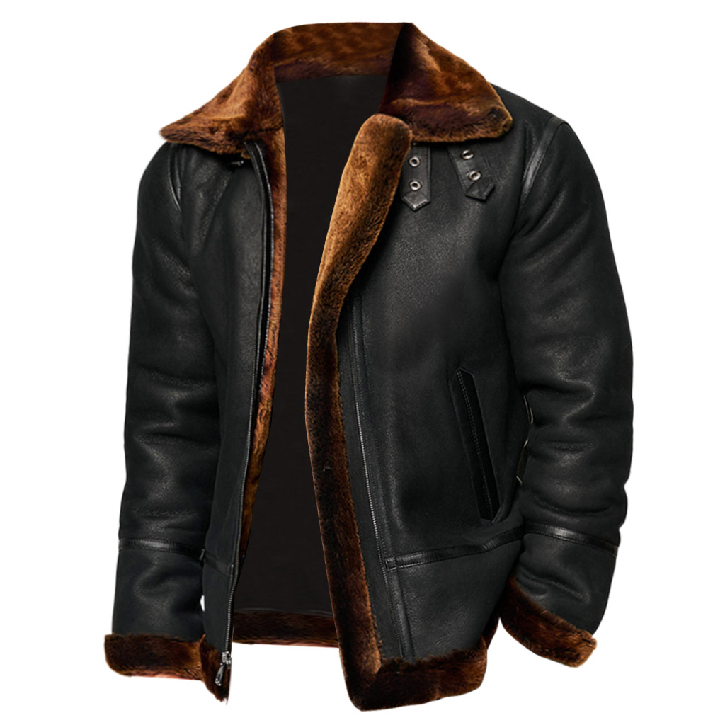 Men's Vintage Black Leather Fleece Brown Fur Lining Bomber Jacket-Unitsen