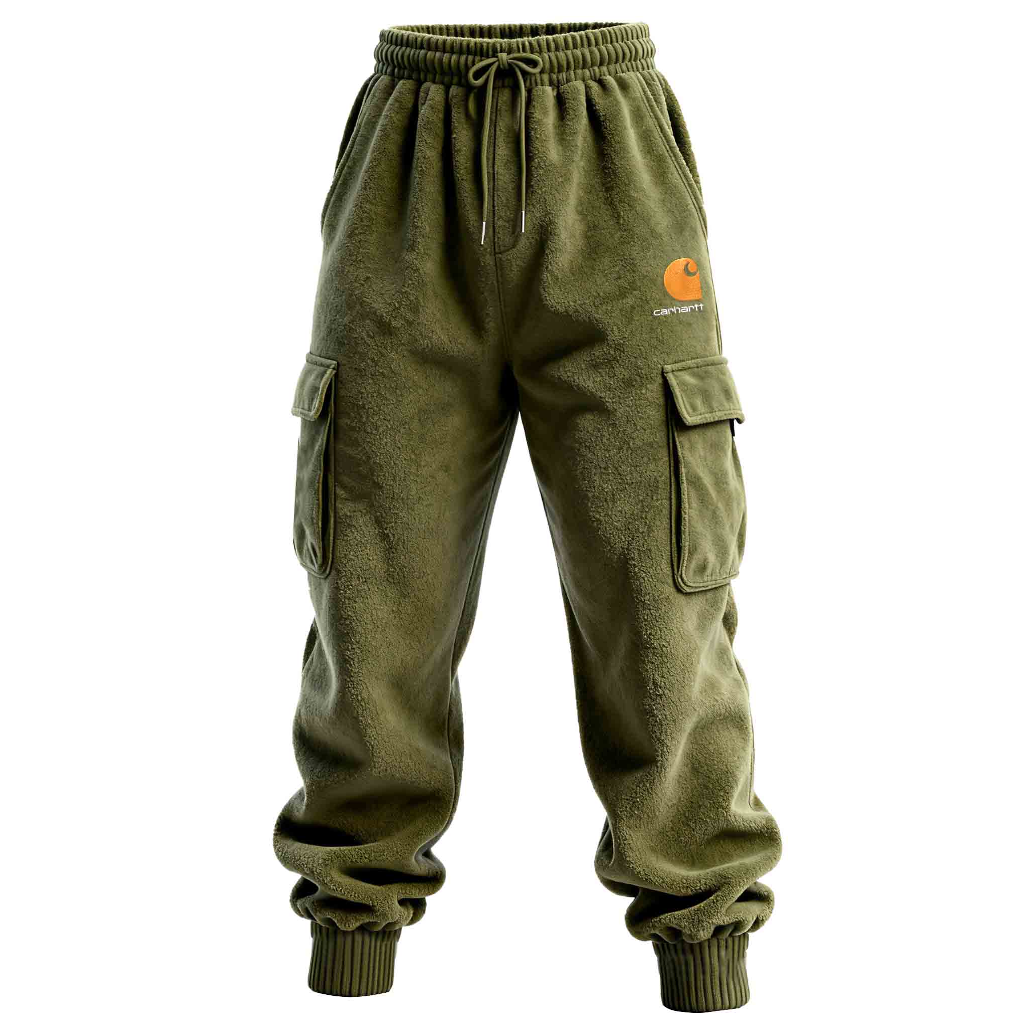 Men's Vintage Embroidered Army Green Fleece Drawstring Cargo Pants Trousers-Unitsen