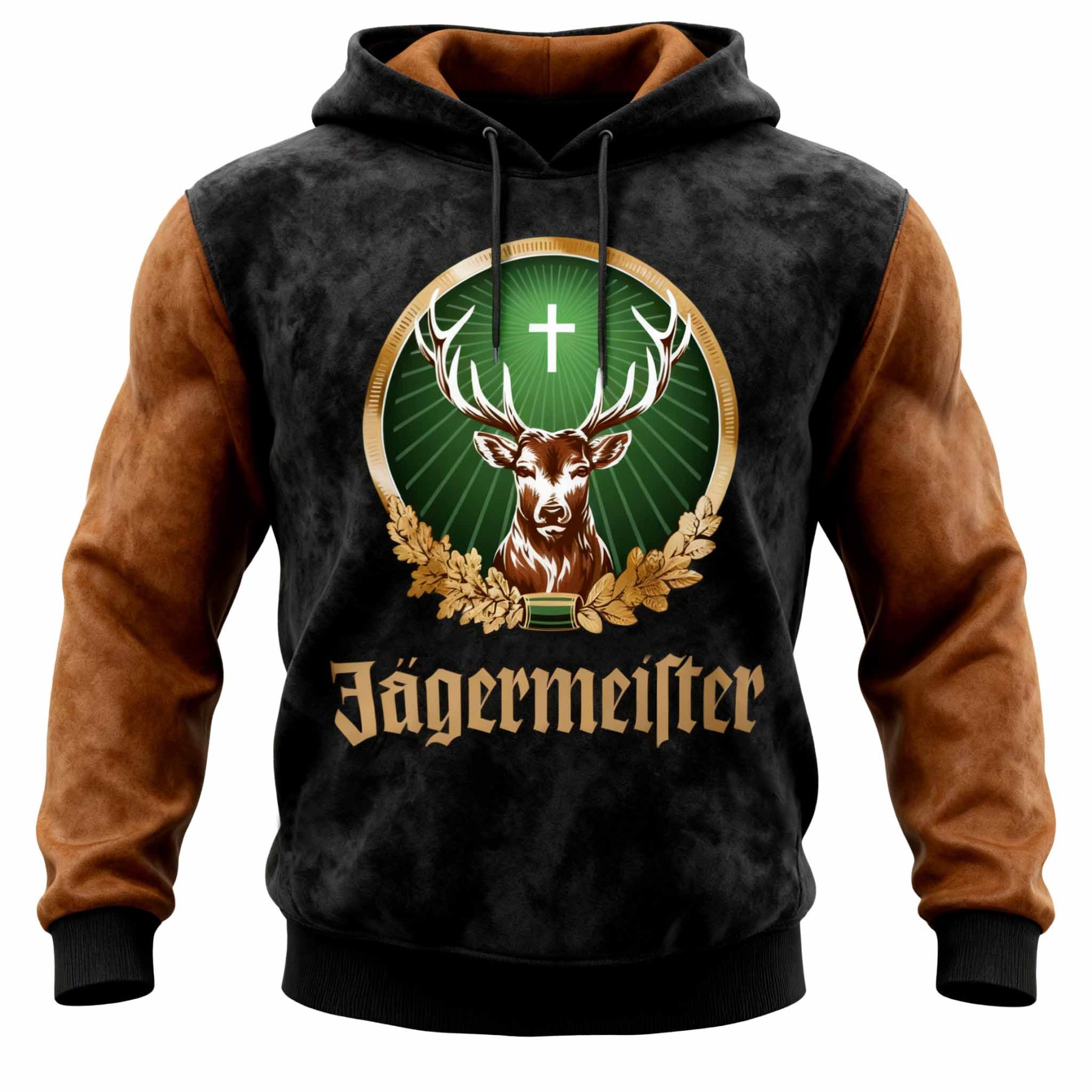 Men's Vintage Deer Black And Brown Suede Contrast Long Sleeve Hoodie-Unitsen