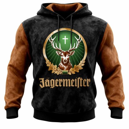 Men's Vintage Deer Black And Brown Suede Contrast Long Sleeve Hoodie-Unitsen