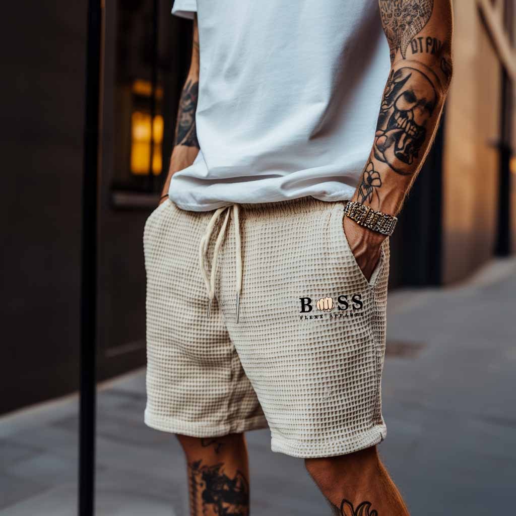 Men's Vintage Waffle Knit Beige Elastic Drawstring Board Surf Shorts-Unitsen