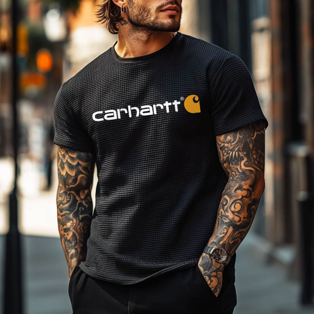 Men's Vintage Black Waffle Knit Surf Short Sleeve Crew Neck T-Shirt-Unitsen