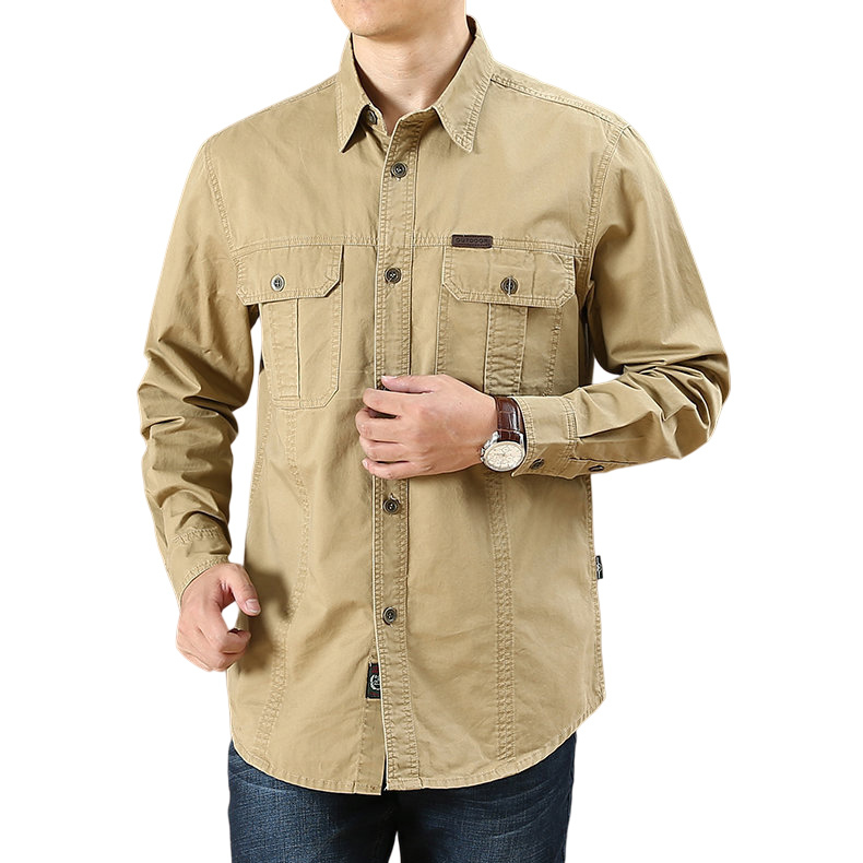 Men's Vintage Outdoor Workwear Pocket Long Sleeve Lapel Utility Shirt-Unitsen