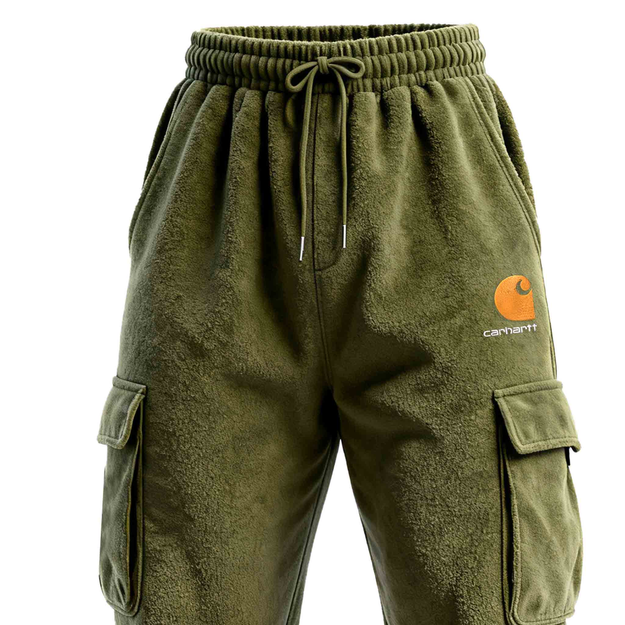 Men's Vintage Embroidered Army Green Fleece Drawstring Cargo Pants Trousers-Unitsen