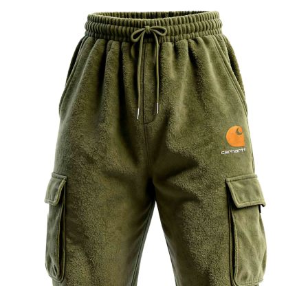 Men's Vintage Embroidered Army Green Fleece Drawstring Cargo Pants Trousers-Unitsen