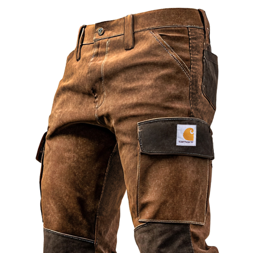 Men's Vintage Brown Suede Contrast Work Pants With Reinforced Knees-Unitsen