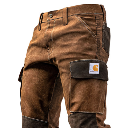 Men's Vintage Brown Suede Contrast Work Pants With Reinforced Knees-Unitsen