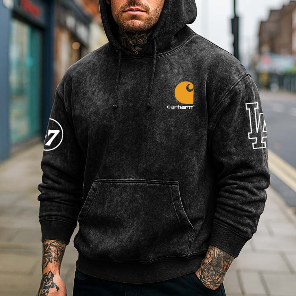 Men's Vintage Distressed Washed Black Oversized Hoodie-Unitsen