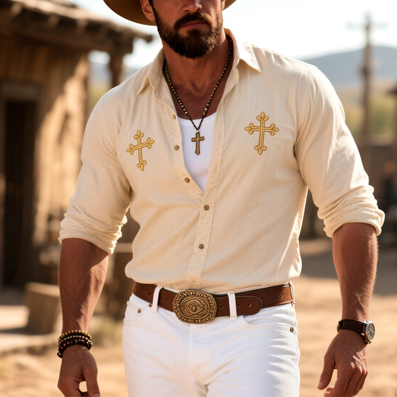 Men's Vintage Western Cowboy Cross Embroidered Long Sleeve Lapel Shirt-Unitsen