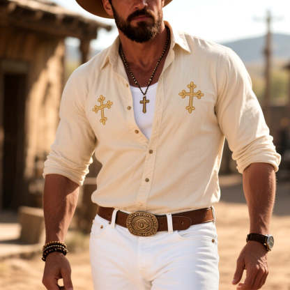 Men's Vintage Western Cowboy Cross Embroidered Long Sleeve Lapel Shirt-Unitsen
