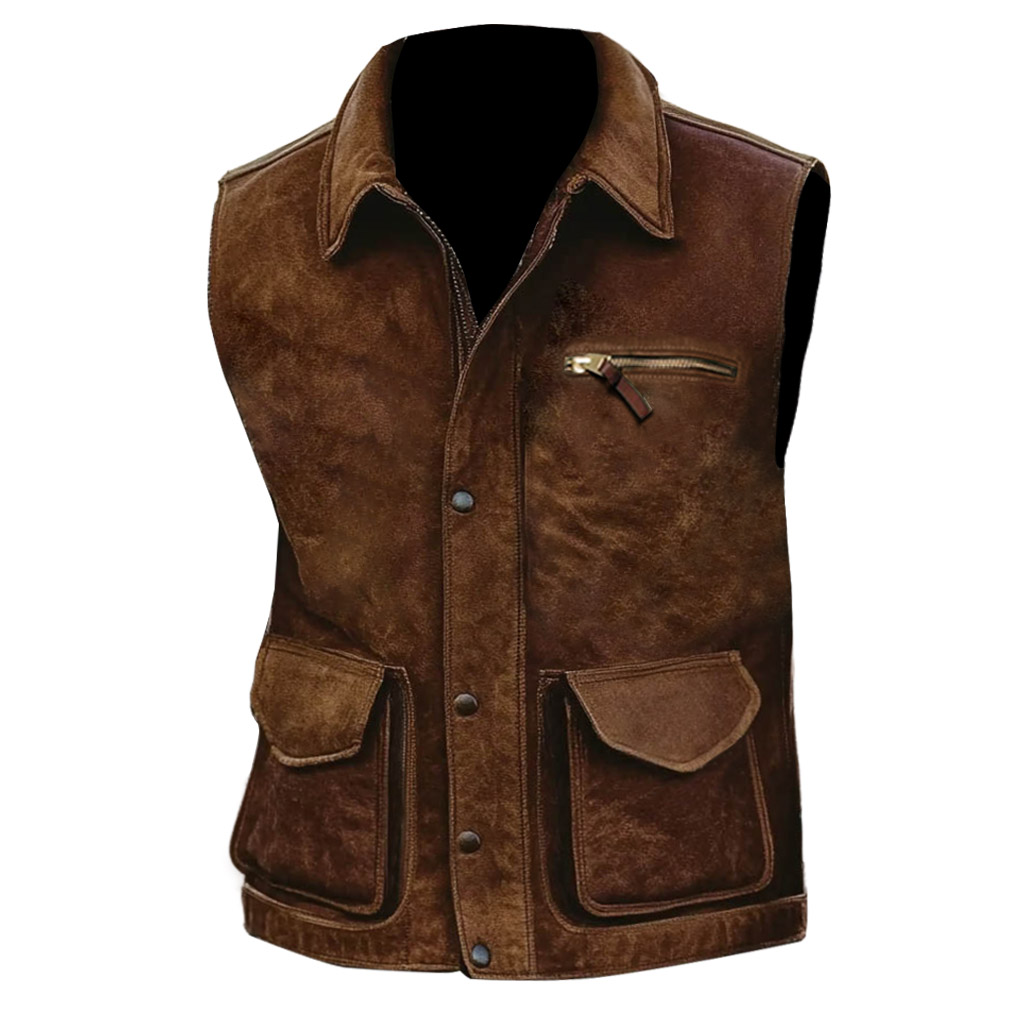 Men's Vintage Suede Multi-Pocket Outdoor Motorcycle Lapel Vest Jacket-Unitsen
