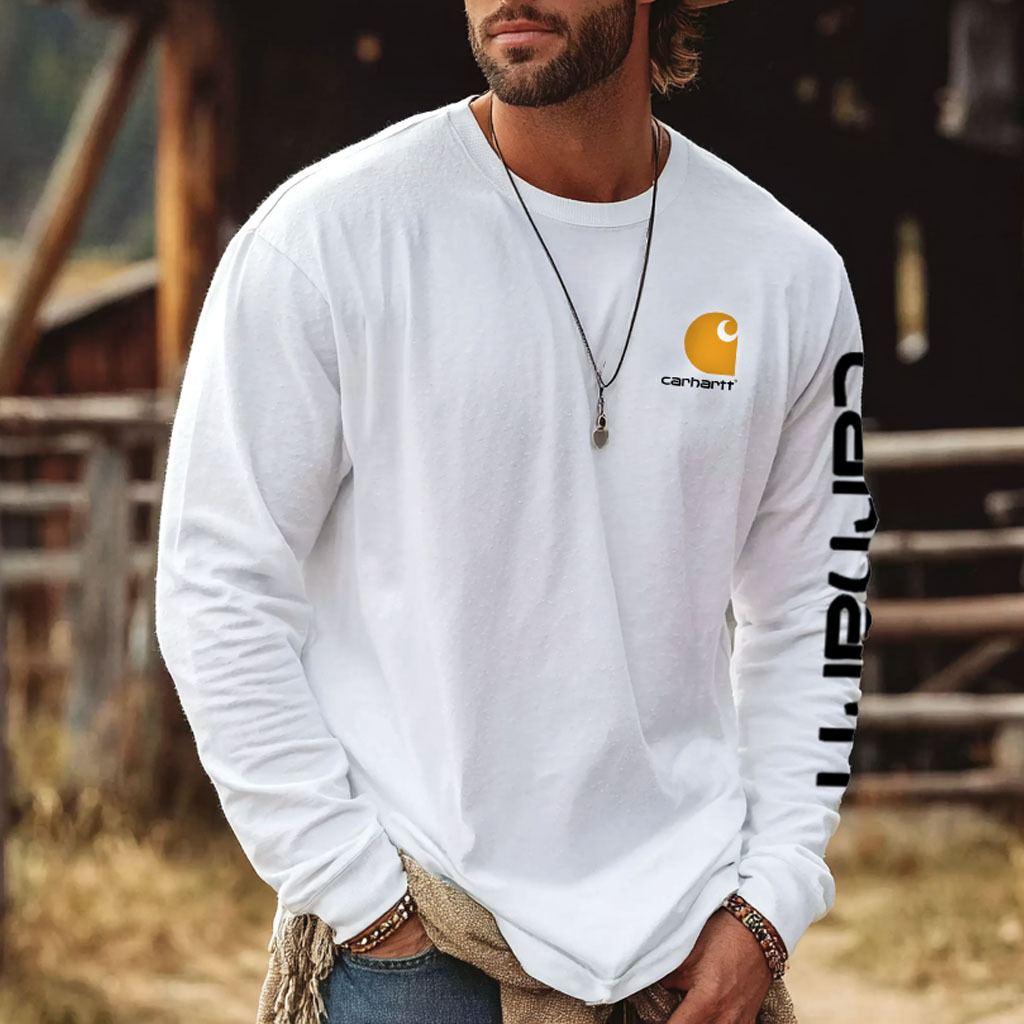 Men's Vintage White Western Denim Casual Round Neck Long Sleeve T-Shirt-Unitsen