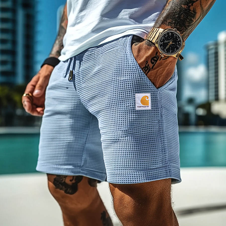 Men's Vintage Waffle Knit Surf Elastic Drawstring Walkshort Shorts-Unitsen