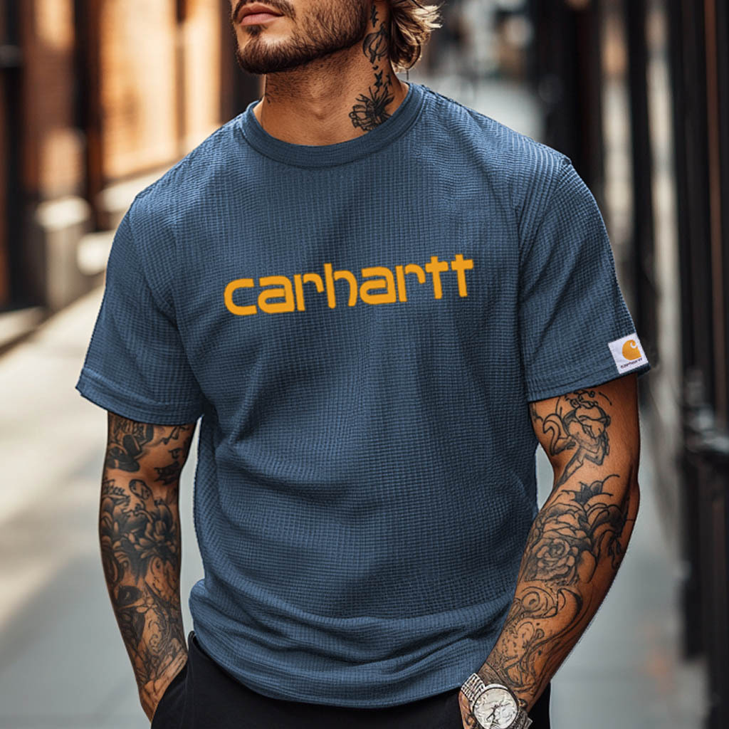 Men's Vintage Waffle Knit Surf Black Short Sleeve Crew Neck T-Shirt-Unitsen