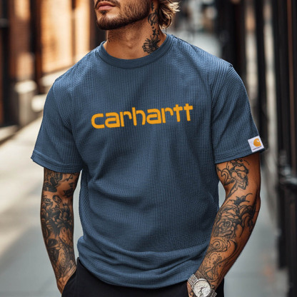 Men's Vintage Waffle Knit Surf Black Short Sleeve Crew Neck T-Shirt-Unitsen