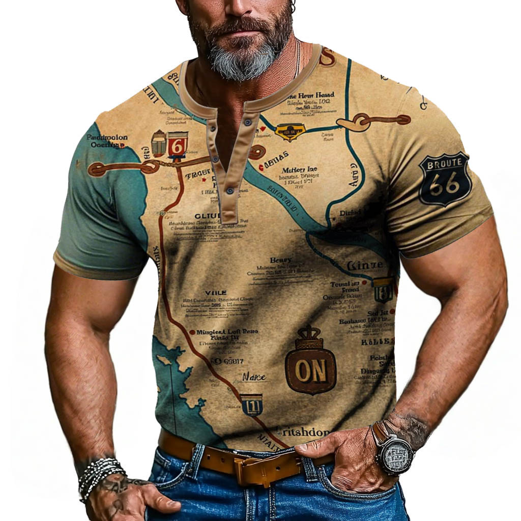 Men's Vintage Route 66 Road Trip Nautical Map Outdoor Short Sleeve Henley T-shirt-Unitsen