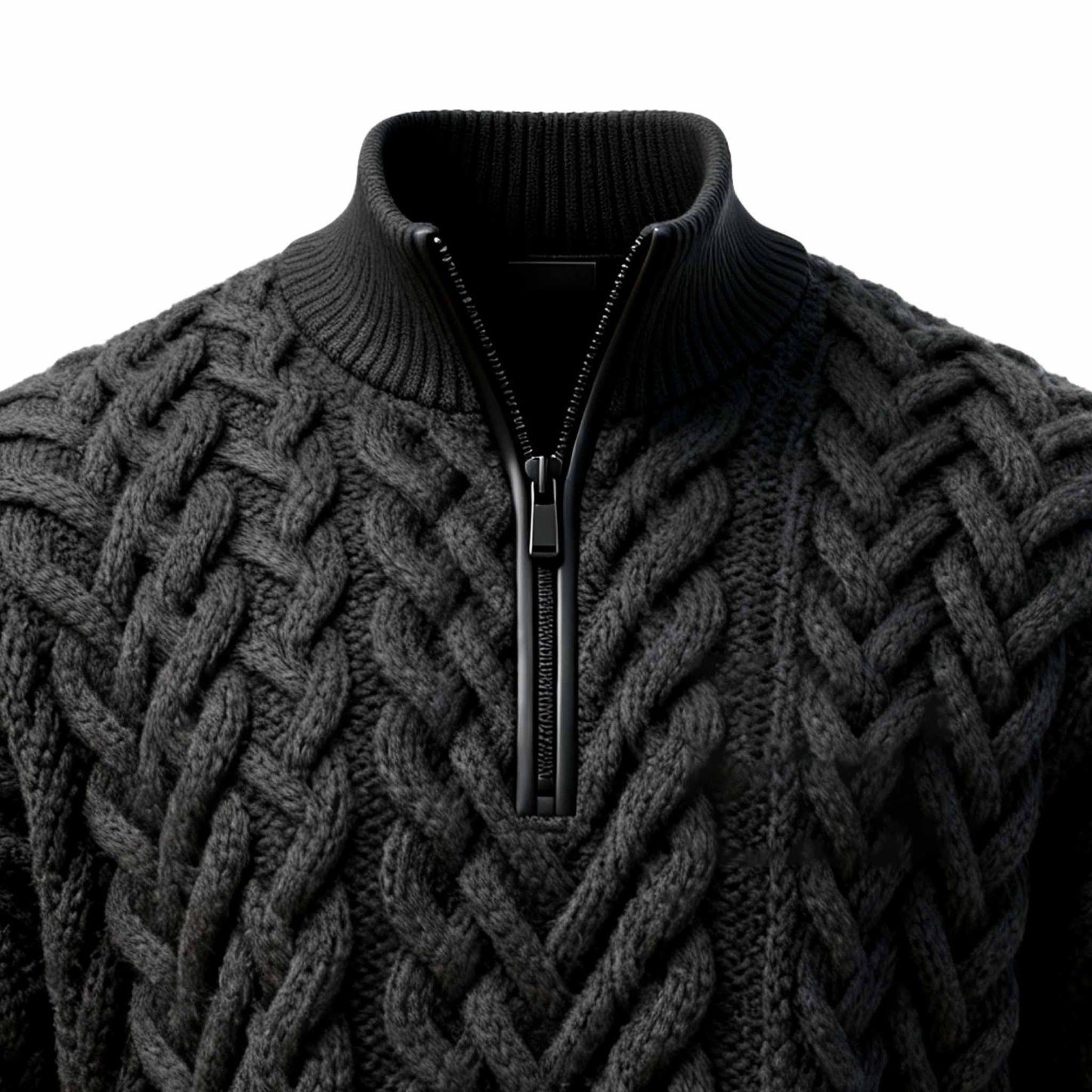 Men's Vintage Black Cable Knit Half-Zipper Stand Collar Sweater-Unitsen