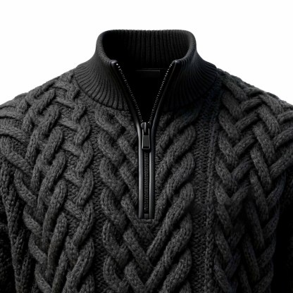 Men's Vintage Black Cable Knit Half-Zipper Stand Collar Sweater-Unitsen