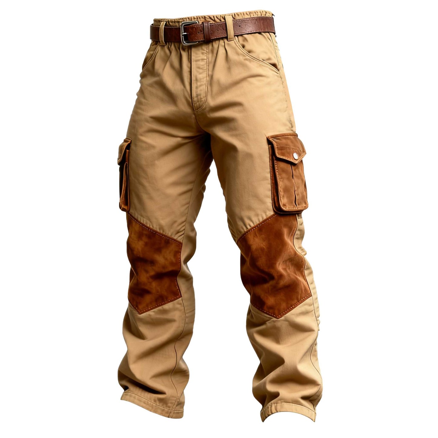 Men's Vintage Khaki Workwear Multi-Pocket Patchwork Suede Cargo Pants