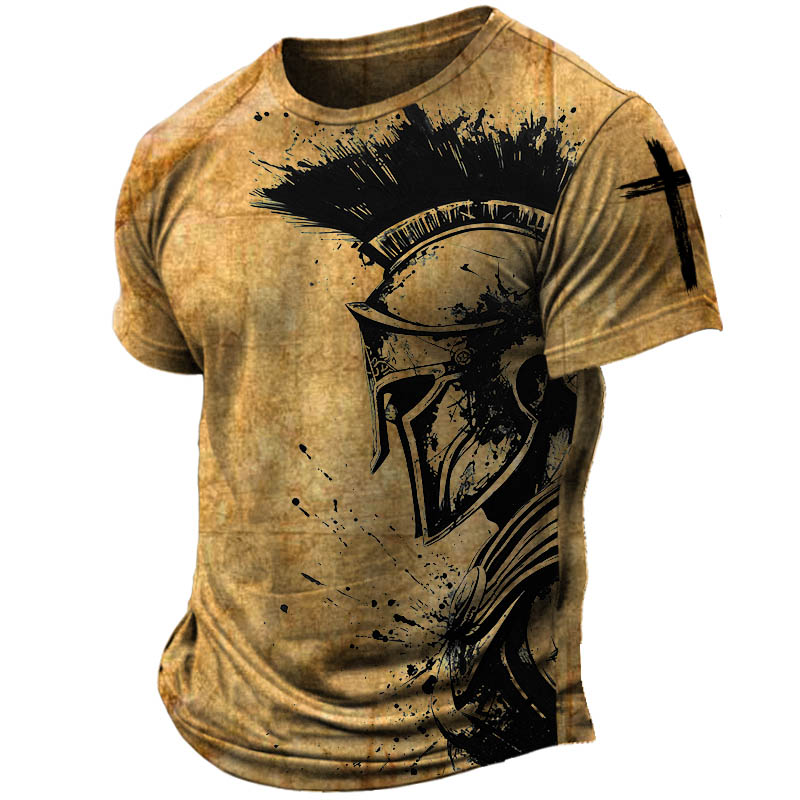 Men's Vintage Spartan Cross Print Short Sleeve Crew Neck T-Shirt-Unitsen