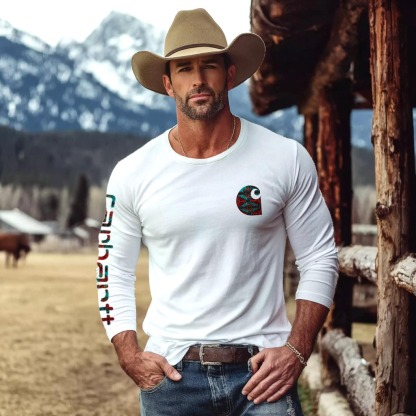 Men's Vintage Western Cowboy National Style Aztec Print Casual Round Neck White Long Sleeve T-Shirt-Unitsen