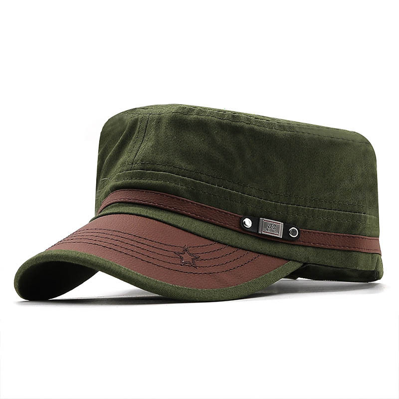 Men's Flat-top Leather Peaked Cap Military Cap Casual Sun Hat-Unitsen