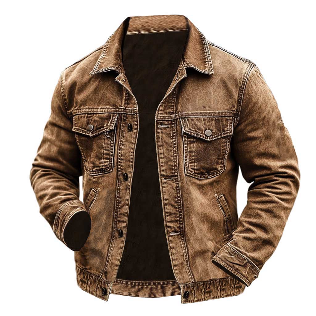 Men's Vintage Western Cowboy Multi-Pocket Distressed Lapel Outdoor Jacket-Unitsen